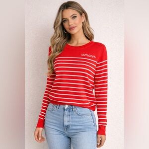 Calligraphie Red Striped Sweater with 'Amour' Embroidery